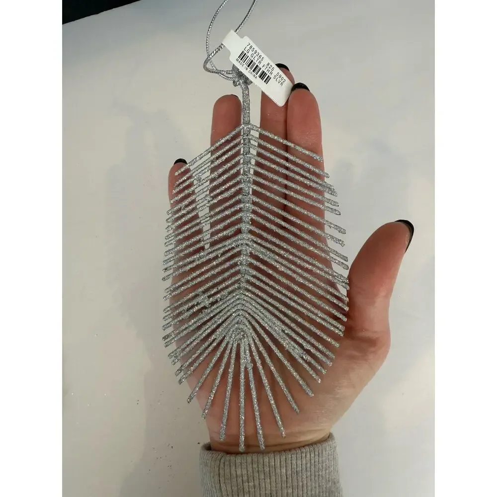 West Elm Silver Glitter Feather Ornaments Set of 3 Modern Holiday Christmas